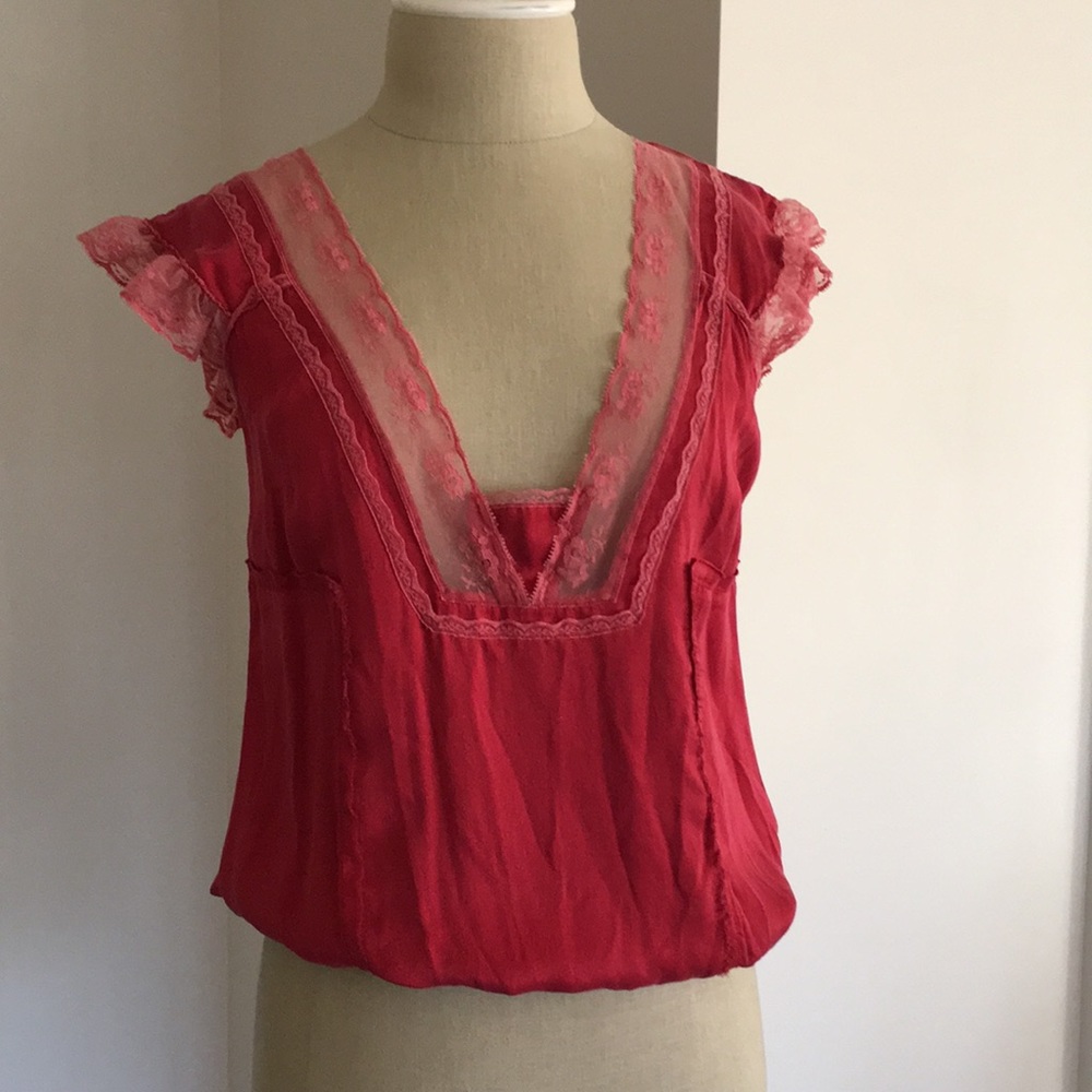 Free People red silk and lace top